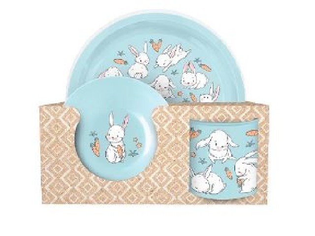 Набор посуды: тарелка с декором D215мм, миска с декором D130мм, кружка 280мл (светло-голубой)